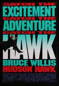 7w576 HUDSON HAWK 1sh 1991 Michael Lehmann directed, Bruce Willis as singing thief swinging on rope!