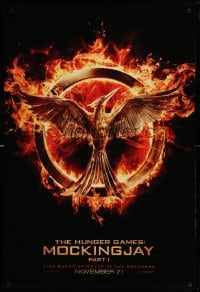7w581 HUNGER GAMES: MOCKINGJAY - PART 1 teaser DS 1sh 2014 logo, fire burns brighter in the darkness