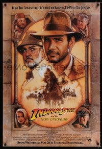 7w597 INDIANA JONES & THE LAST CRUSADE advance 1sh 1989 Ford/Connery over a brown background by Drew