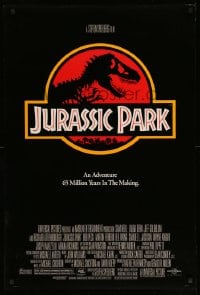 7w625 JURASSIC PARK DS 1sh 1993 Steven Spielberg, classic logo with T-Rex over red background