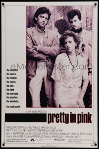 7w781 PRETTY IN PINK 1sh 1986 great portrait of Molly Ringwald, Andrew McCarthy & Jon Cryer!