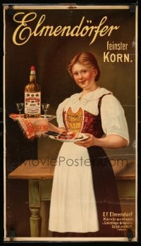 7w170 ELMENDORFER REPRO 12x21 reproduction poster 1960s German corn brandy ad, smiling woman!