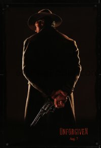 7w957 UNFORGIVEN teaser 1sh 1992 image of gunslinger Clint Eastwood w/back turned, dated design!