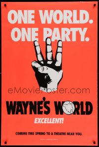 7w975 WAYNE'S WORLD teaser DS 1sh 1991 Mike Myers, Dana Carvey, one world, one party, excellent!