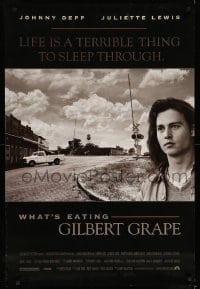 7w978 WHAT'S EATING GILBERT GRAPE 1sh 1993 huge close up of Johnny Depp in small town!