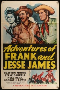 7y023 ADVENTURES OF FRANK & JESSE JAMES 1sh R1956 Clayton Moore, Steve Darrell, western serial!