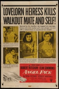 7y043 ANGEL FACE style A 1sh 1953 Robert Mitchum, Jean Simmons, Otto Preminger, Howard Hughes!
