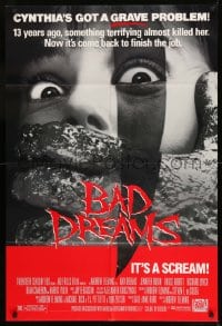 7y067 BAD DREAMS 1sh 1988 close up of something terrifying with knife grabbing Cynthia by the mouth
