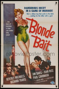 7y093 BLONDE BAIT 1sh R1950s full-length sexy smoking bad girl Beverly Michaels is a silken trap!