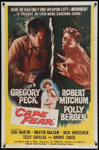 7y127 CAPE FEAR 1sh 1962 Gregory Peck, Robert Mitchum, Polly Bergen, classic noir, Terror!