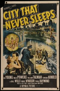 7y153 CITY THAT NEVER SLEEPS 1sh 1953 great art of gunfight under elevated train in Chicago!
