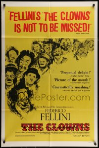7y158 CLOWNS 1sh 1971 Federico Fellini's I Clowns, wonderful artwork of many circus clowns!