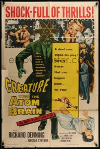 7y171 CREATURE WITH THE ATOM BRAIN 1sh 1955 cool sci-fi art of dead man stalking his prey!