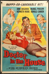 7y226 DOCTOR IN THE HOUSE 1sh 1955 great art of Dr. Dirk Bogarde examining sexy Muriel Pavlow!