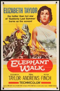 7y238 ELEPHANT WALK 1sh R1960 Elizabeth Taylor, the hotter than hot star burns up the screen!