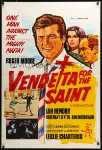 7y937 VENDETTA FOR THE SAINT English 1sh 1969 cool art of Roger Moore against the Mafia!
