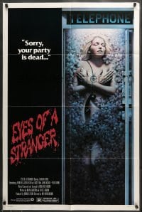 7y252 EYES OF A STRANGER 1sh 1981 really creepy art of dead girl in telephone booth with flowers!