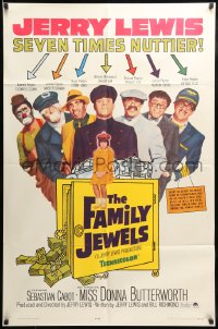 7y256 FAMILY JEWELS 1sh 1965 Jerry Lewis is seven times nuttier in seven roles, wacky art!