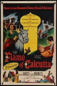 7y268 FLAME OF CALCUTTA 1sh 1953 art of horseback Denise Darcel w/sword, deadly assassins strike!