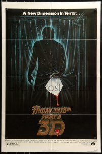 7y294 FRIDAY THE 13th PART 3 - 3D 1sh 1982 slasher sequel, art of Jason stabbing through shower!