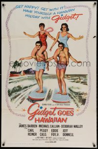7y309 GIDGET GOES HAWAIIAN 1sh 1961 best image of two guys surfing with girls on their shoulders!