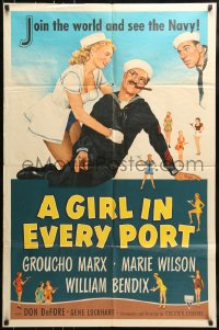 7y311 GIRL IN EVERY PORT 1sh 1952 art of wacky Navy sailor Groucho Marx & sexy Marie Wilson!