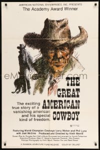 7y322 GREAT AMERICAN COWBOY 1sh 1974 Larry Mahan, cool Ralph Butler cowboy art!