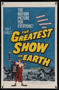 7y323 GREATEST SHOW ON EARTH 1sh R1960 Cecil B. DeMille circus classic, clown James Stewart!