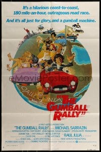 7y331 GUMBALL RALLY style A 1sh 1976 Michael Sarrazin, wacky art of car racing around the world!