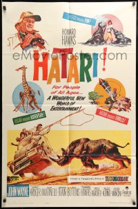 7y347 HATARI 1sh 1962 Howard Hawks, artwork of John Wayne in Africa by Frank McCarthy!