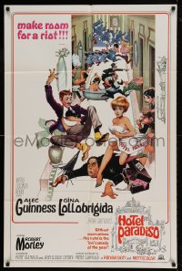 7y385 HOTEL PARADISO 1sh 1966 wacky Frank Frazetta art of Alec Guinness & sexy Gina Lollobrigida!