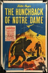 7y396 HUNCHBACK OF NOTRE DAME 1sh R1952 Victor Hugo, best Charles Laughton & Maureen O'Hara!