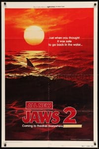 7y428 JAWS 2 style B teaser 1sh 1978 classic art of man-eating shark's fin in red water at sunset!