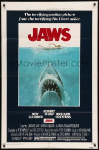 7y427 JAWS 1sh 1975 Roger Kastel art of Spielberg's classic man-eating shark attacking swimmer!