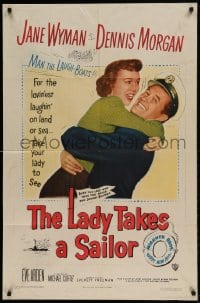 7y459 LADY TAKES A SAILOR 1sh 1949 great close up of Jane Wyman hugging boat captain Dennis Morgan!