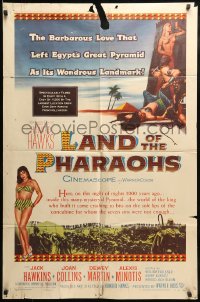 7y461 LAND OF THE PHARAOHS 1sh 1955 sexy Egyptian Joan Collins wearing bikini by pyramids, Hawks