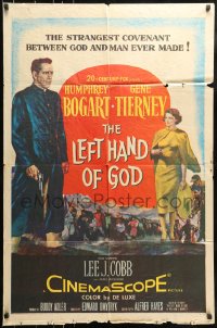 7y470 LEFT HAND OF GOD 1sh 1955 art of priest Humphrey Bogart with gun + sexy Gene Tierney!