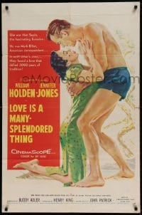 7y495 LOVE IS A MANY-SPLENDORED THING 1sh 1955 art of William Holden & Jennifer Jones!