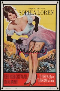 7y507 MADAME SANS GENE 1sh R1963 sexy full-length Sophia Loren in low-cut dress, Madame!