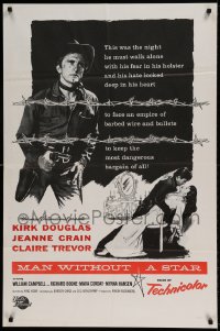 7y519 MAN WITHOUT A STAR military 1sh R1960s great art of cowboy Kirk Douglas & sexy Jeanne Crain!