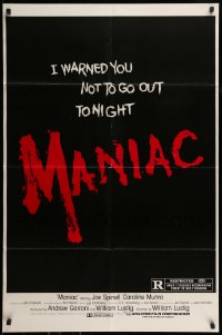 7y522 MANIAC 1sh 1980 William Lustig's grindhouse slasher, you were warned not to go out tonight!