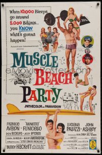 7y573 MUSCLE BEACH PARTY 1sh 1964 Frankie & Annette, 10,000 biceps & 5,000 bikinis!