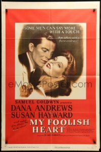 7y576 MY FOOLISH HEART 1sh 1950 romantic c/u of Susan Hayward & Dana Andrews, title song!