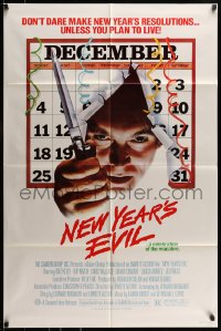 7y592 NEW YEAR'S EVIL 1sh 1980 killer busting through calendar, a celebration of the macabre!
