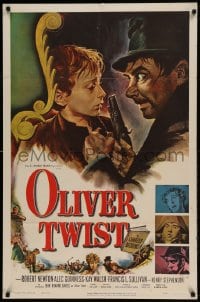 7y612 OLIVER TWIST 1sh 1951 cool art of Robert Newton threatening Davies, directed by David Lean!