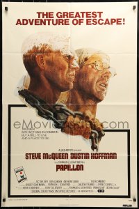 7y636 PAPILLON 1sh 1973 prisoners Steve McQueen & Dustin Hoffman by Tom Jung, Allied Artists!