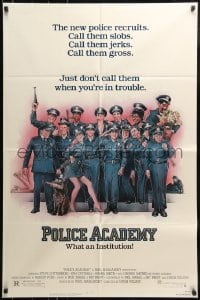 7y657 POLICE ACADEMY NSS style 1sh 1984 Steve Guttenberg, Kim Cattrall, Drew Struzan police artwork!