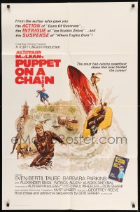 7y682 PUPPET ON A CHAIN int'l 1sh 1972 Alistair MacLean novel, Sven-Bertil Taube, boat chase art!