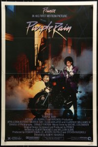 7y683 PURPLE RAIN 1sh 1984 great image of Prince riding motorcycle, in his first motion picture!