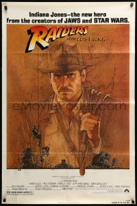 7y687 RAIDERS OF THE LOST ARK 1sh 1981 great art of adventurer Harrison Ford by Richard Amsel!